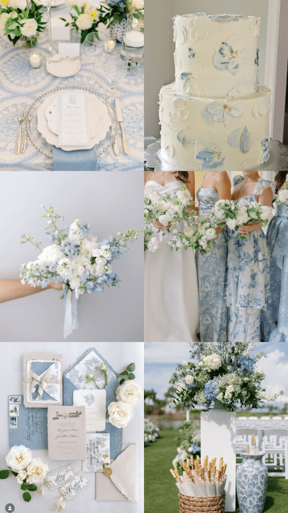 Dusty blue wedding color palette featuring soft blue, ivory, and neutral tones — a timeless and elegant color combination for spring and summer weddings.