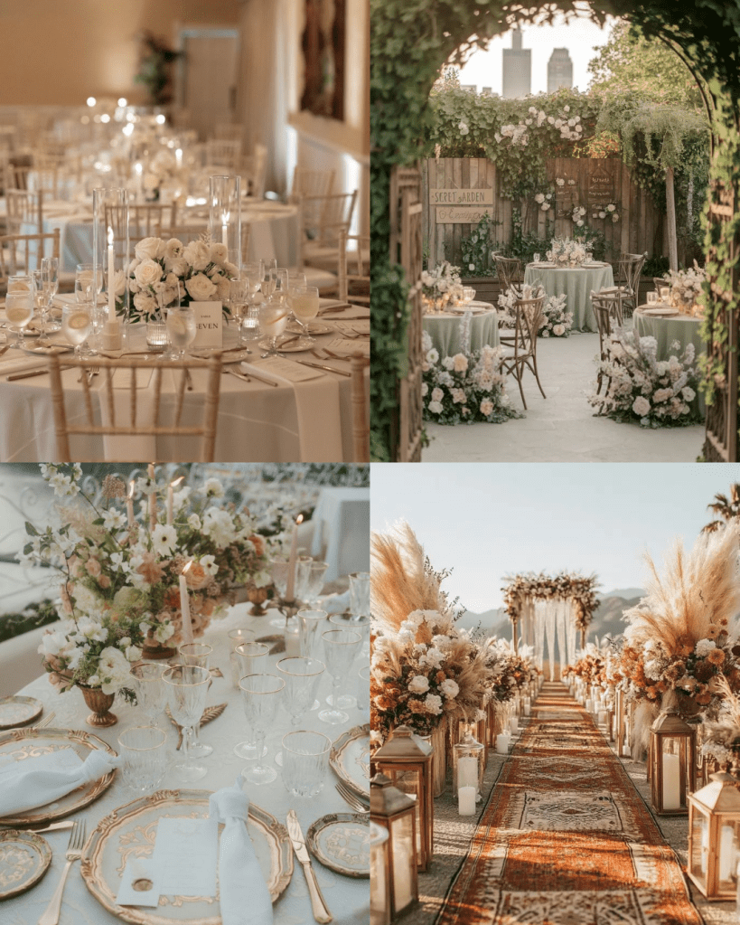 Collage of four wedding setups: a neutral indoor ballroom with gold chairs, a garden venue with sage green linens, a romantic vintage-inspired tablescape with blush florals and gold accents, and a boho outdoor ceremony aisle with pampas grass and sunset tones — showing how different venues inspire different wedding color palettes.